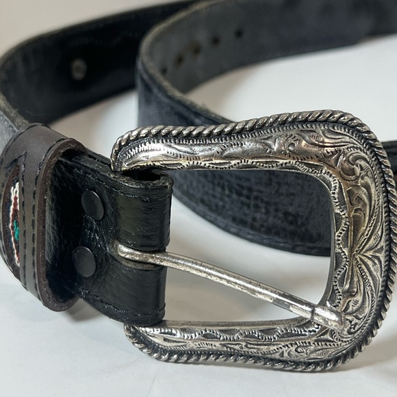 Genuine Leather Size 40 Made in Mexico Black Western Cowboy Belt Silver Buckle - Picture 4 of 9